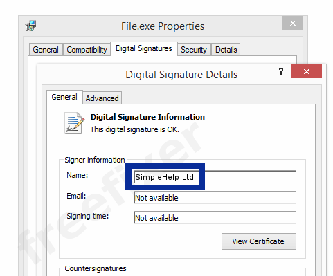 Screenshot of the SimpleHelp Ltd certificate
